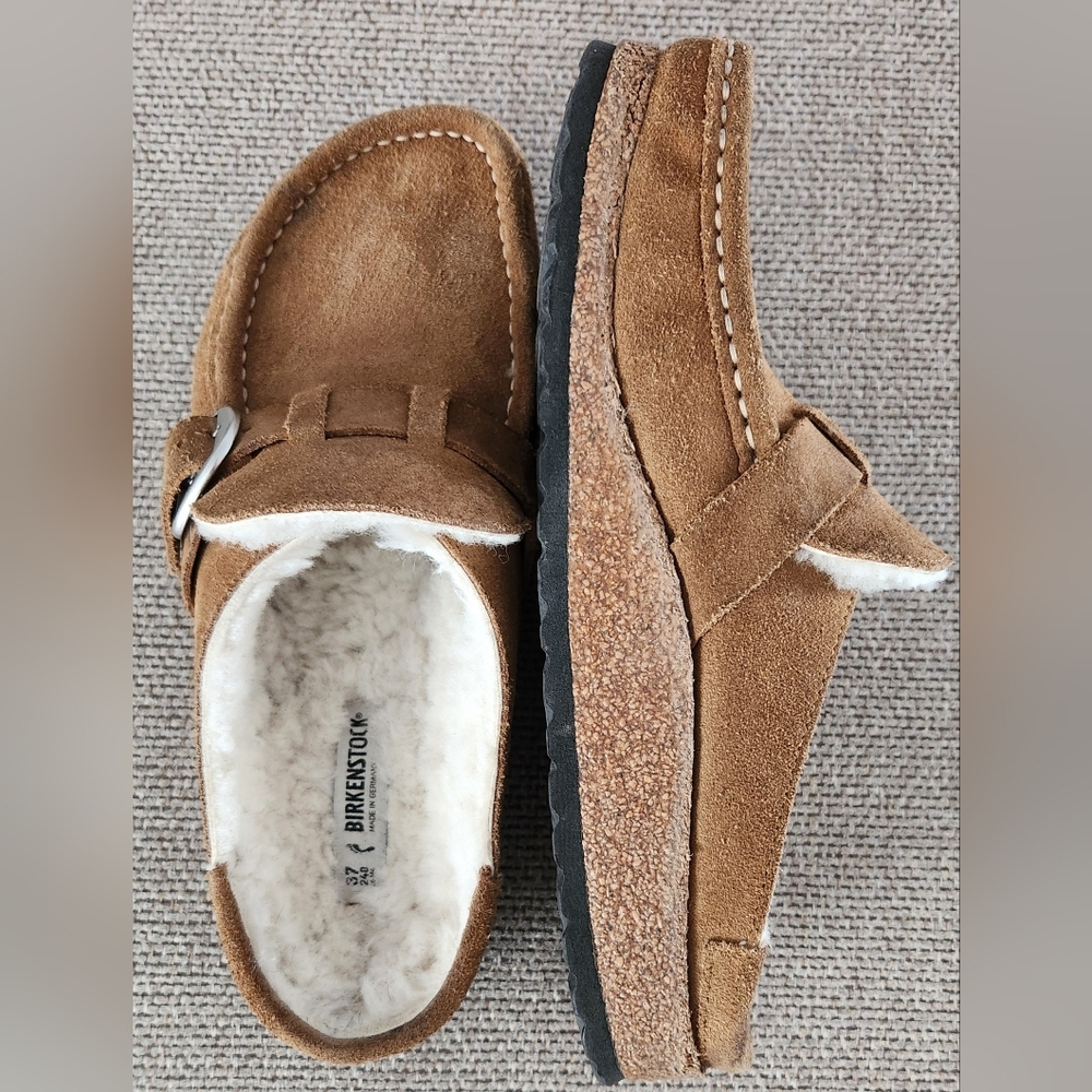 Birkenstock Tan Suede Shearling-Lined Clog Mules with Buckle - Picture 6 of 10